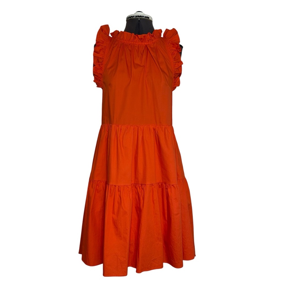 moodie Cotton Orange Ruffle Pockets Tiered & Lined Skirt High Low Summer Dress S